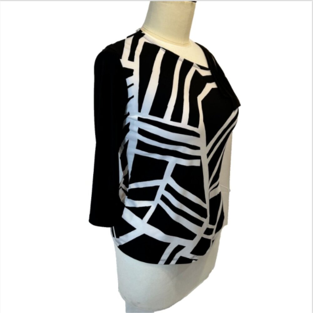 Clara Sun Woo - Women's XL Blouse Black and White Abstract Print Neck Cutout - Picture 3 of 9